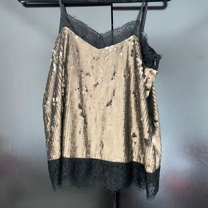 NWT Gold sequins black lace blouse
